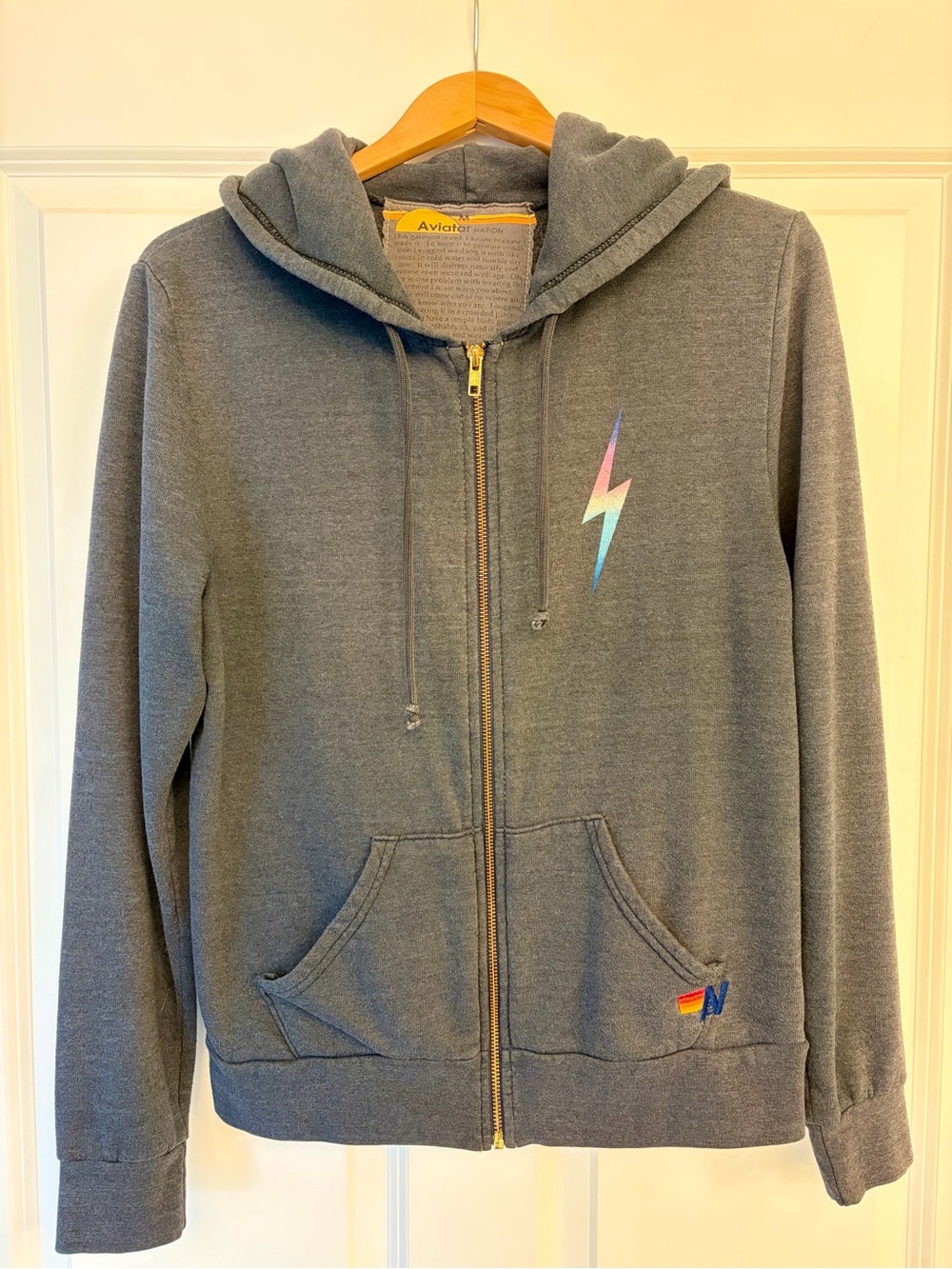 Aviator Nation Gray Zip Hoodie with Lightning Bolt Accent EUC